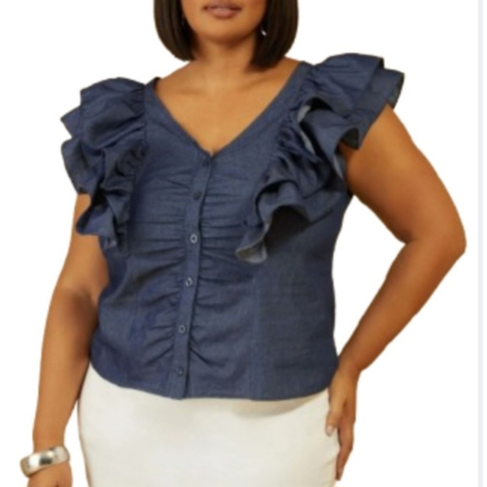 Other DENIM BLUE ☆ SOFT CHAMBREY ☆ DOUBLE RUFFLE TOP 26w ☆ NWT Size 3XL / US 20-22 - 2 Thumbnail
