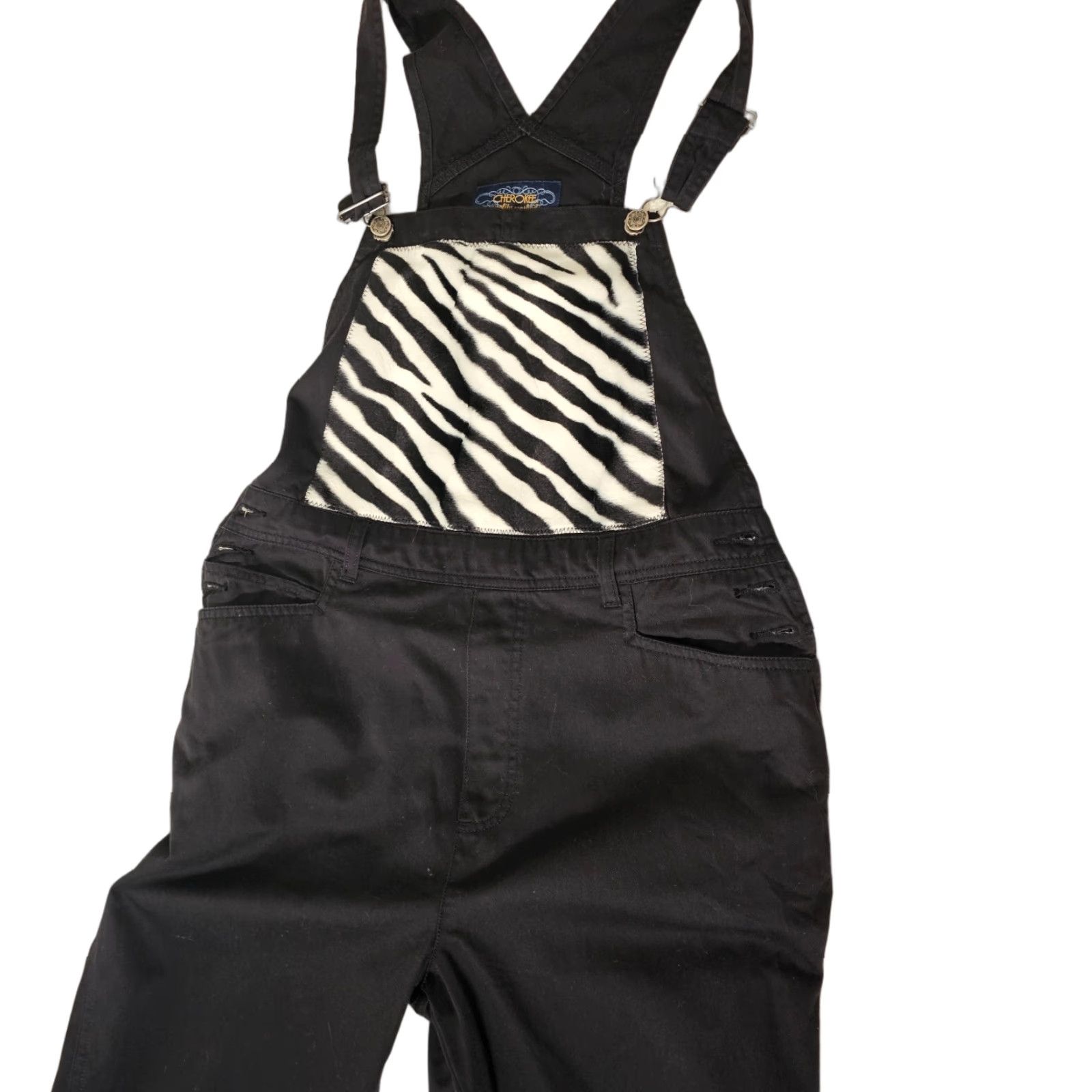 Cherokee VINTAGE Cherokee Cropped Overalls Black Denim Zebra Patch Jeweled Legs M Jeans Women Cropped Style Size 32" / US 10 / IT 46 - 1 Thumbnail