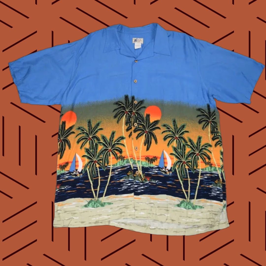 Cherokee VTG Cherokee Waikiki Wear Hawaiian Shirt Mens Large Sun Set Surf 100% Rayon Blue Floral Short Sleeve Button-Up Collared 90s Theme Size US L / EU 52-54 / 3 - 1 Thumbnail