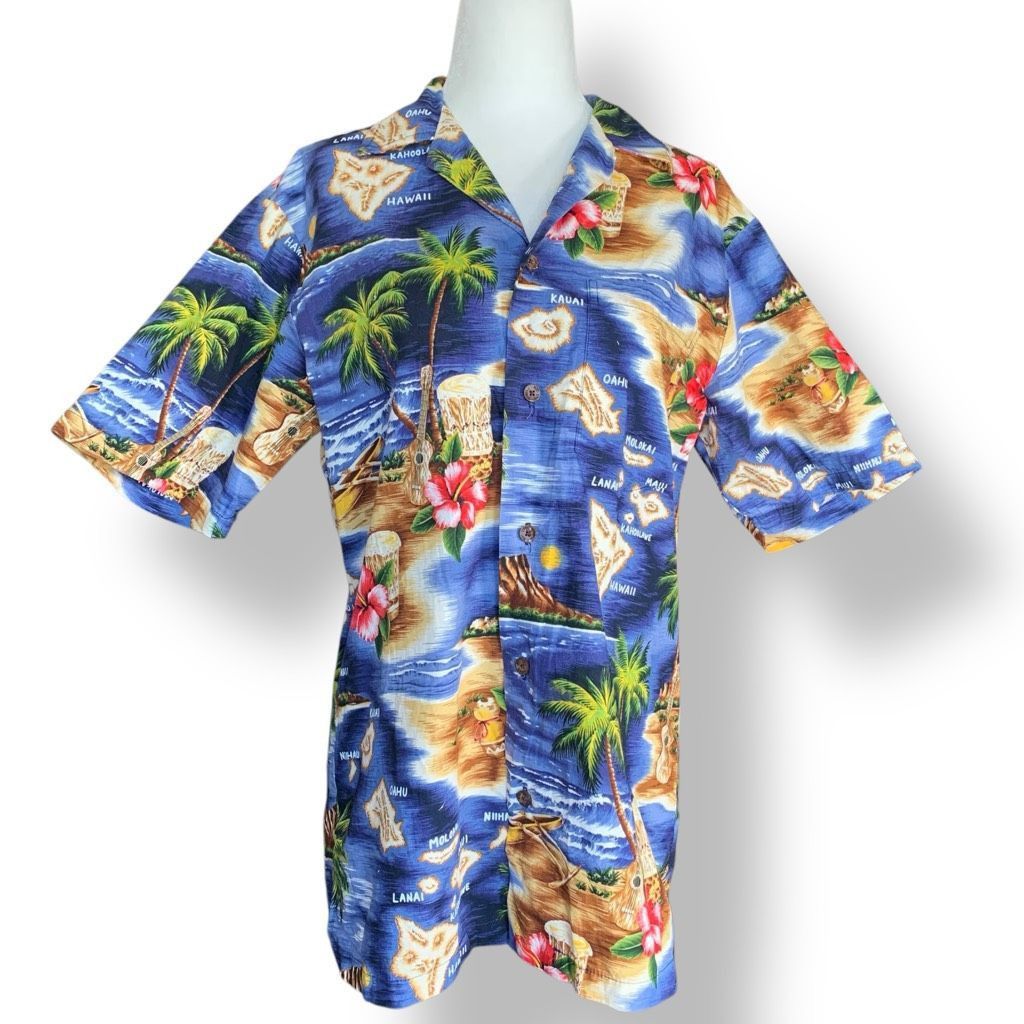 Vintage Vintage RJC Hawaiian Shirt Blue Island Map Floral Print Cott Size US S / EU 44-46 / 1 - 1 Thumbnail