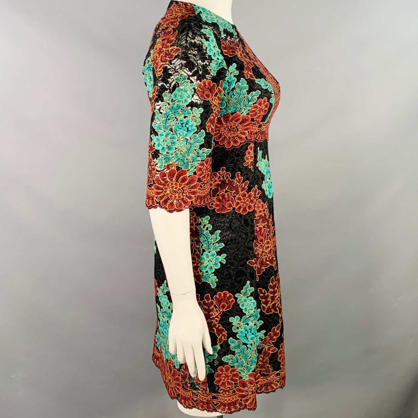 Dolce & Gabbana Black Green Brown Floral Lace 3/4 Sleeves Knee Length Dress Size L / US 10 / IT 46 - 3 Thumbnail