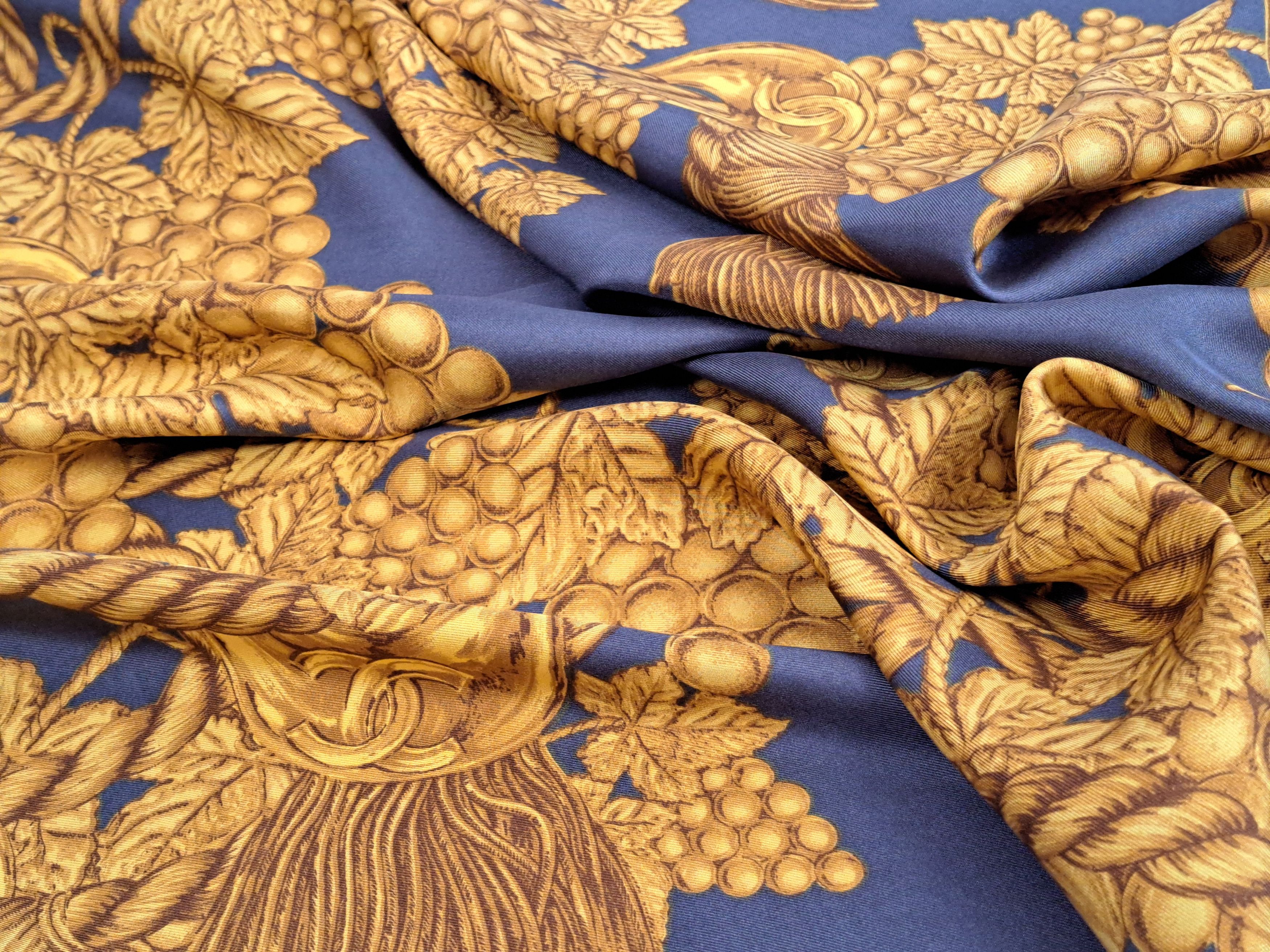 Chanel Vintage CHANEL gray/gold silk scarf grapes and tassel motif. Size ONE SIZE - 5 Thumbnail