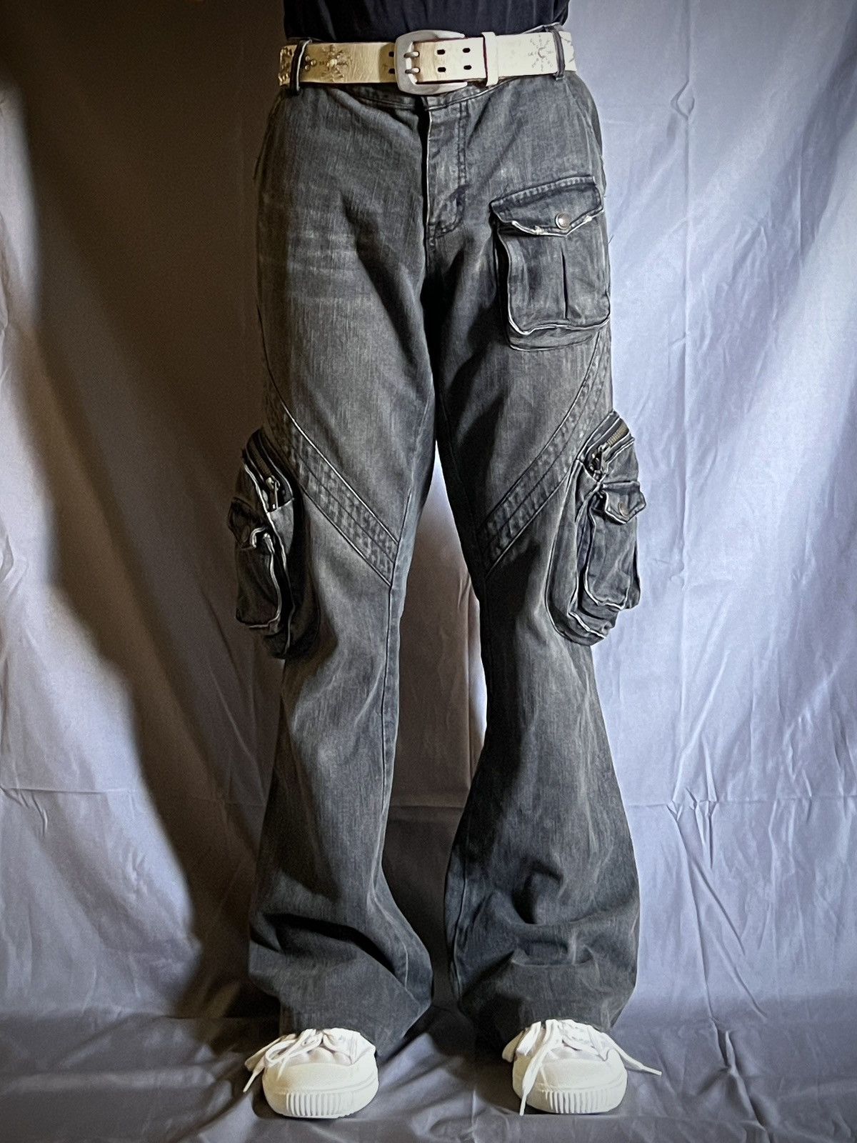 Japanese Brand Y2K Slow Hand Jam Black Cargo Flare Jeans Size US 34 / EU 50 - 1 Thumbnail