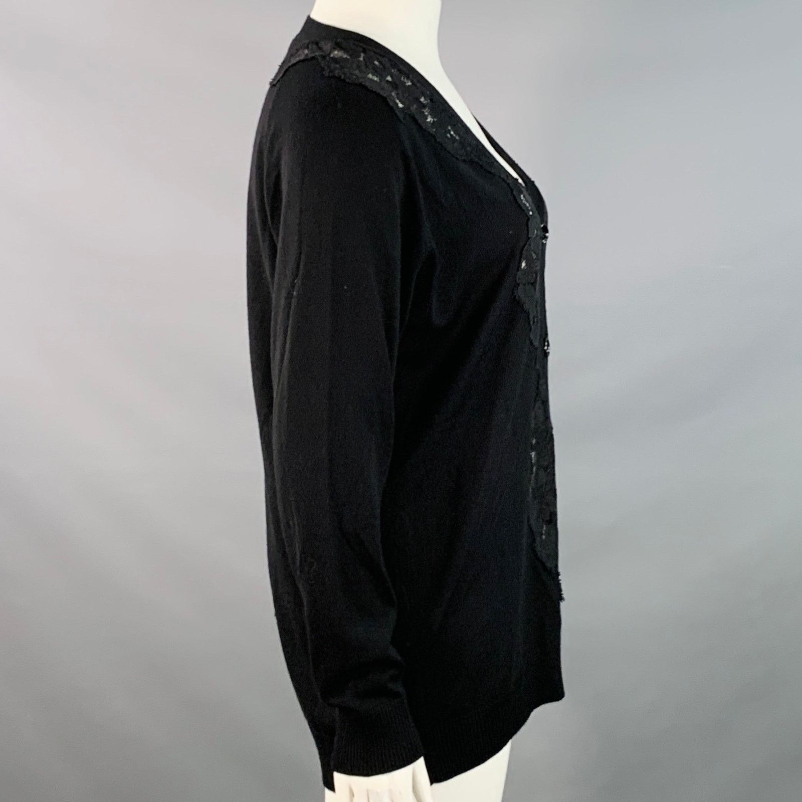 Chloe CHLOE Size L Black Wool Lace Trim V-Neck Button Up Cardigan Size L / US 10 / IT 46 - 3 Thumbnail