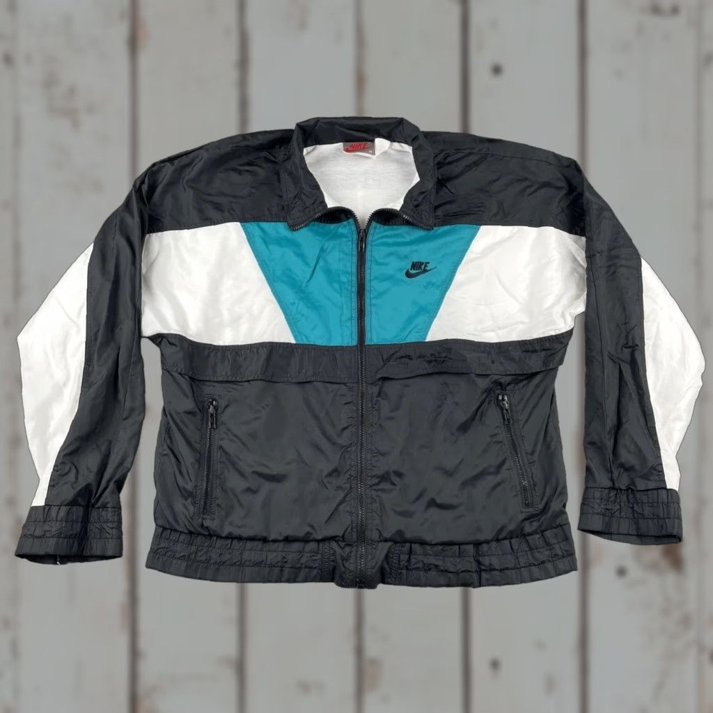 Nike VINTAGE Nike Windbreaker Jacket M Zip Black Turquoise USA 80s EUC Baseball Casual Mens Windbreaker Jacket Size US M / EU 48-50 / 2 - 1 Thumbnail