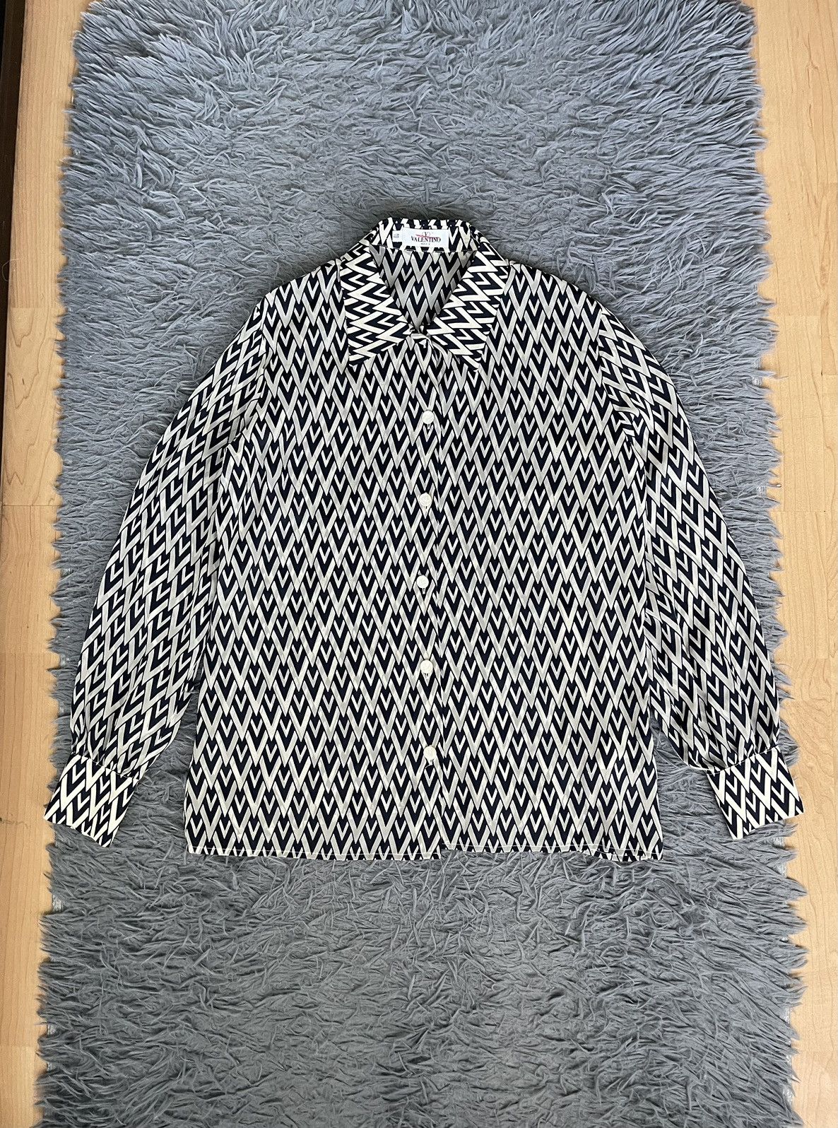 image of Archival Clothing x Just Silk Valentino 90's Archive Vintage Monogram Silk Blouse Shirt in Navy/Whi