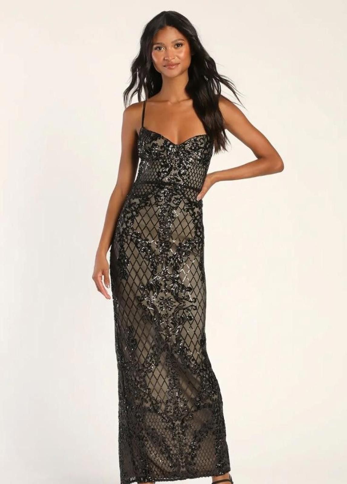 NWT lulus Moonlit Love Black Sequin Sleeveless Maxi Dress M