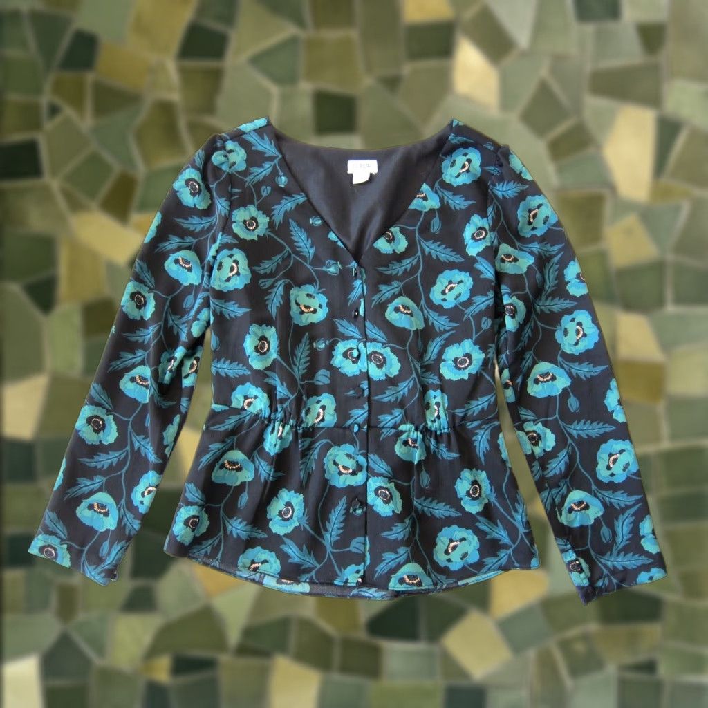 J.Crew J.Crew Black Green Floral Silky V-Neck Button Down Long Sleeve Blouse Size 0 Size XS / US 0-2 / IT 36-38 - 1 Thumbnail