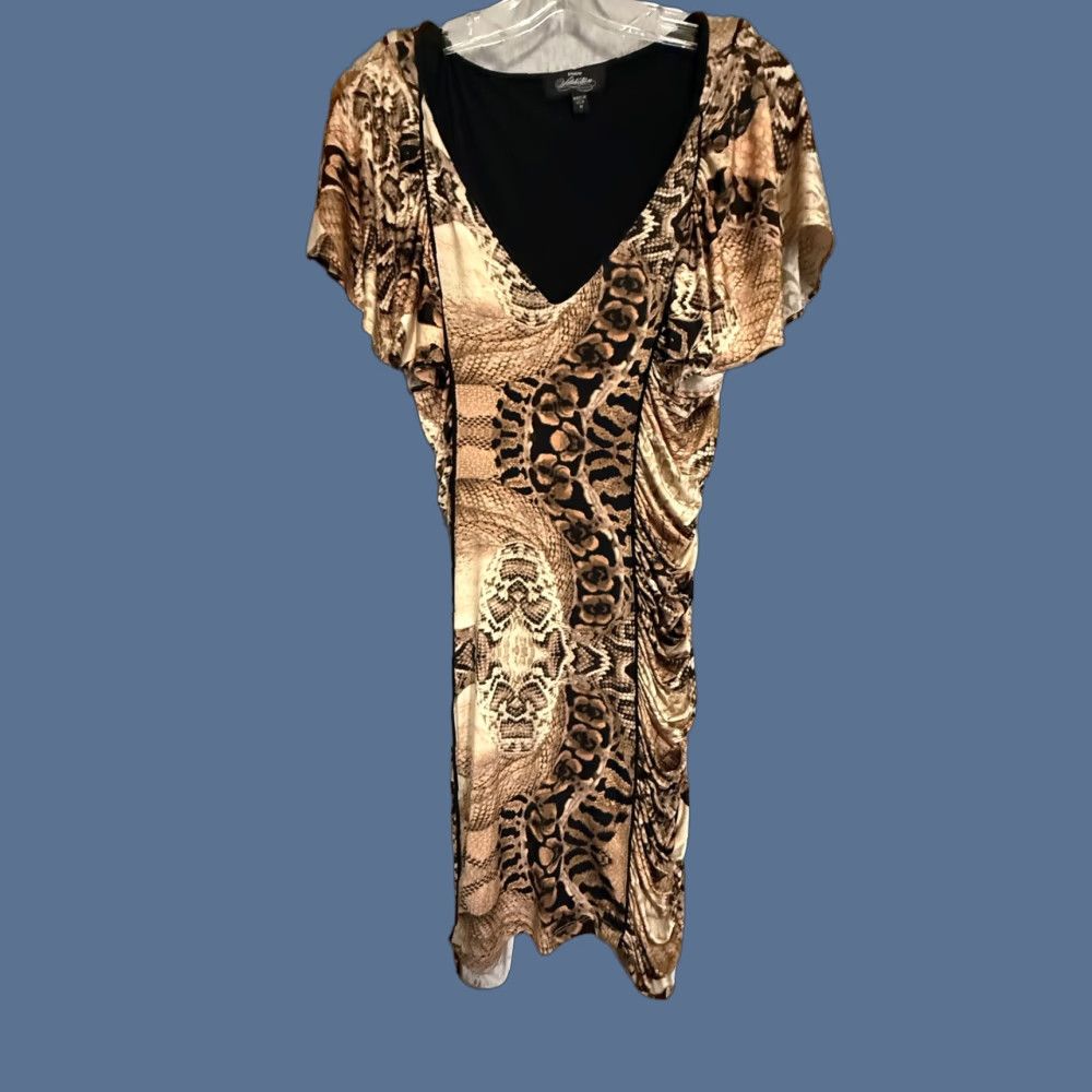 Bebe bebe Addiction Dress Womens M Brown Animal Print Ruched Flutter Sleeve Mini V-Neck Party/Cocktail Size M / US 6-8 / IT 42-44 - 1 Thumbnail