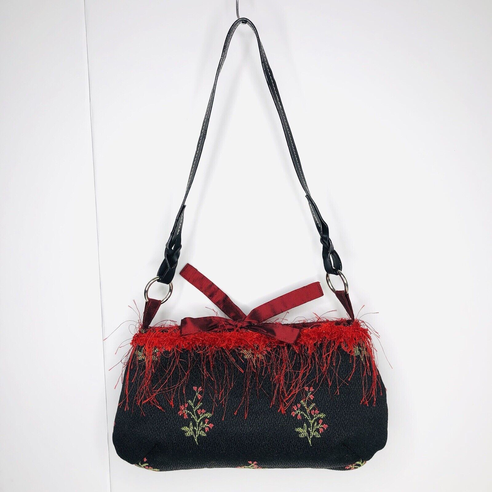 Other Vtg 80s AcScents Tapestry Black Floral Bag Red Fringe Size ONE SIZE - 3 Thumbnail
