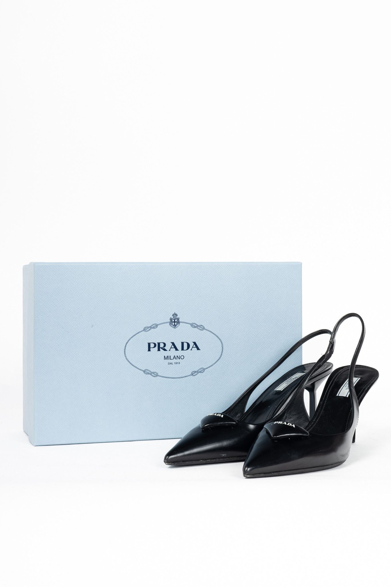Prada Prada Black Leather Logo Pointed-Toe Slingback Heels Size US 9.5 / IT 39.5 - 10 Thumbnail