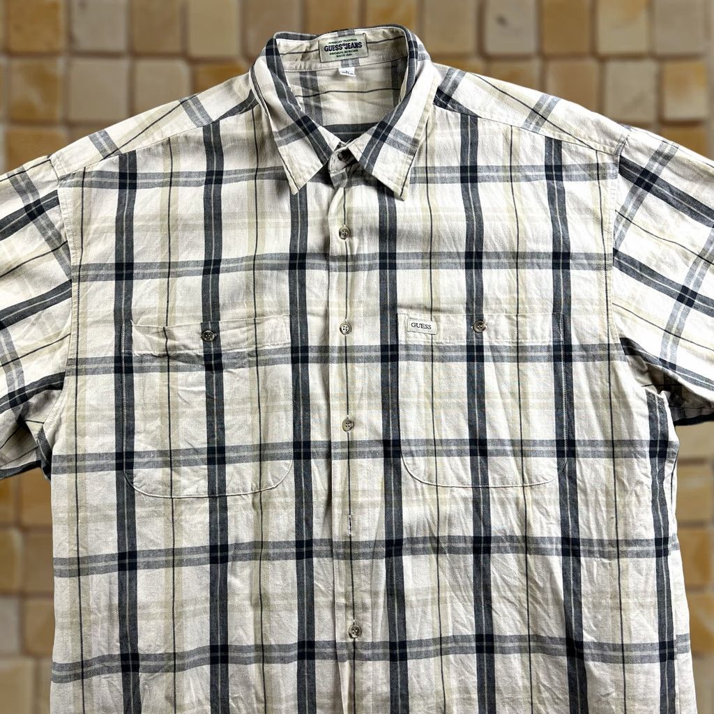 Vintage Guess Shirt Mens L Cream Plaid Button Up Short Sleeve 90s Normcore in Beige, Men's