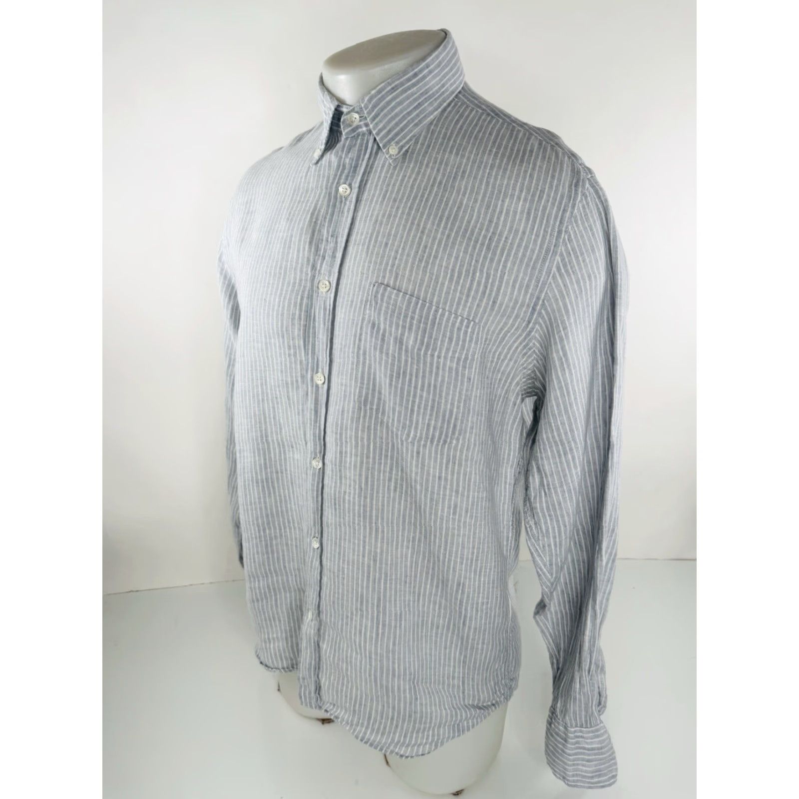 Hartford Hartford Linen Striped Shirt - Mens L Button-Up Long Sleeve Collared | Light Gray / White Size US L / EU 52-54 / 3 - 3 Thumbnail