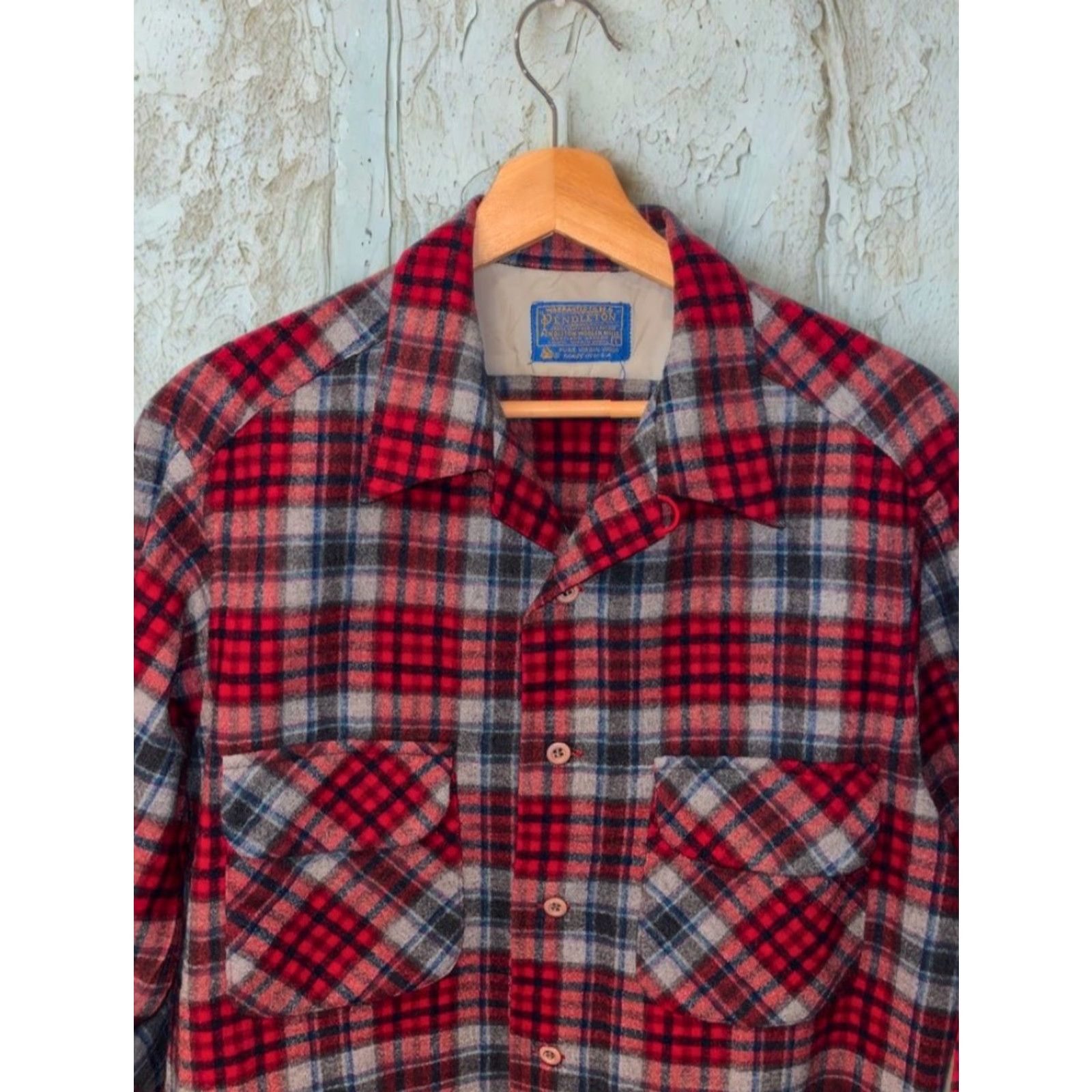 Pendleton VINTAGE Pendleton Board Shirt Jacket Shacket Red Plaid Wool Loop Collar Men’s L USA Size US L / EU 52-54 / 3 - 4 Thumbnail