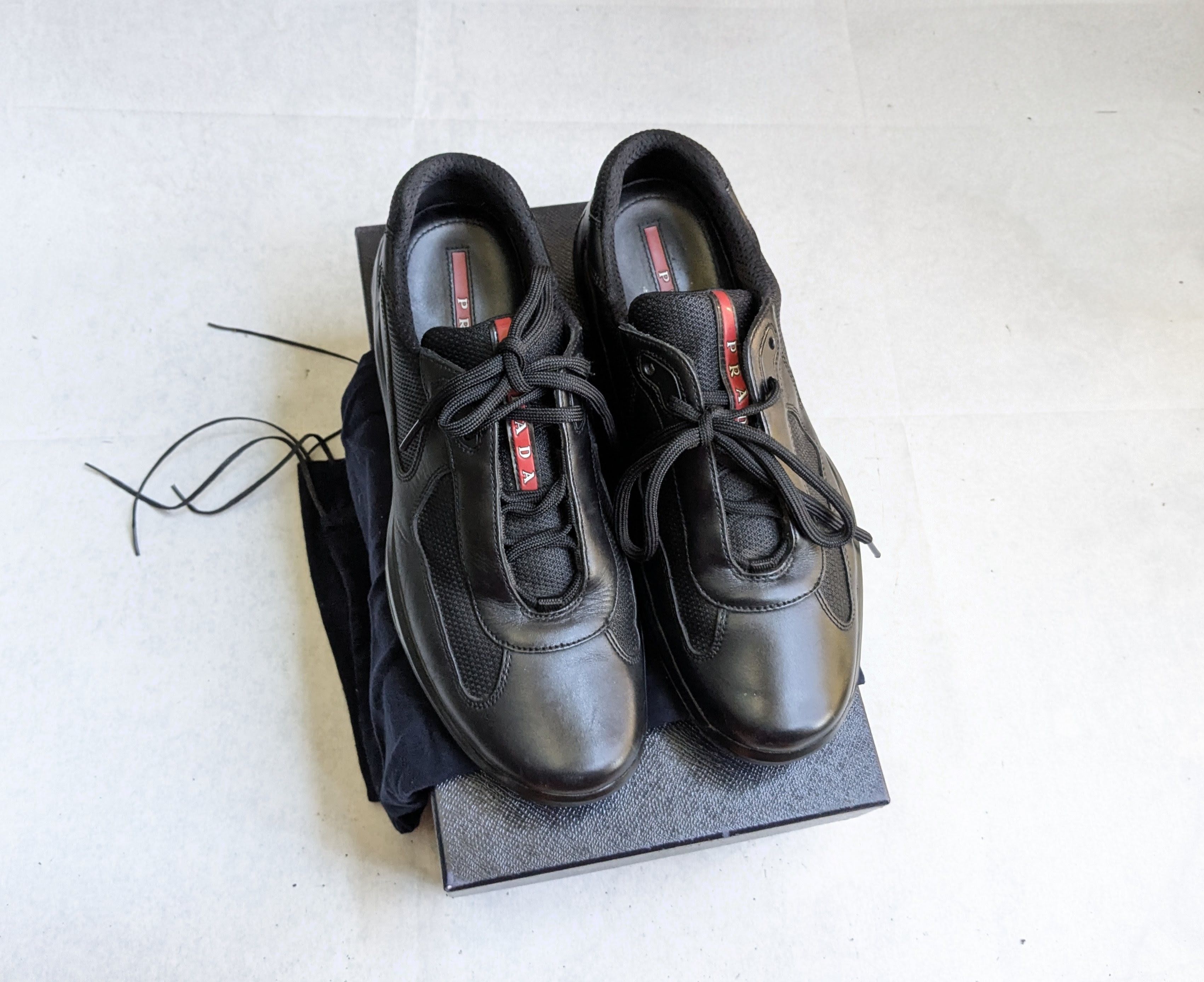 Prada America's Cup Sneakers Black 9 Leather Low Tops Red