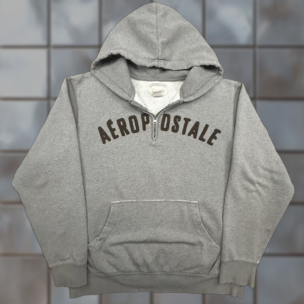 Aeropostale VINTAGE Aeropostale Hoodie Mens Large Gray 1/4 Zip Pullover Kangaroo Logo Sweatshirt Size US L / EU 52-54 / 3 - 1 Thumbnail