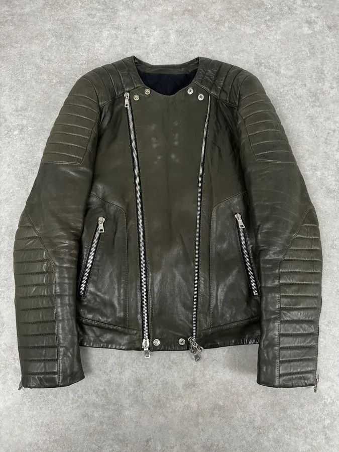 Balmain 2000s Balmain Khaki Quilted Biker Leather Jacket Size US M / EU 48-50 / 2 - 1 Thumbnail