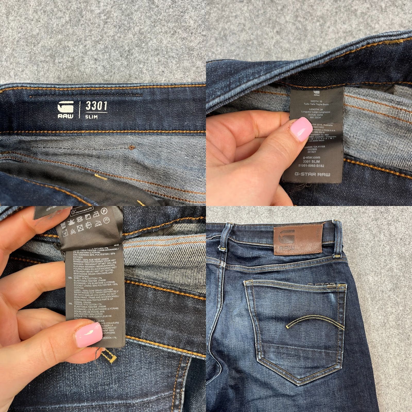 G-Star G-Star Jeans Slim Fit Regular 33 Dark Wash Blue Denim 5-Pocket Tapered Mens Slim 3301 Model 3301 Stretch Cotton Elastan Size US 33 - 8 Thumbnail
