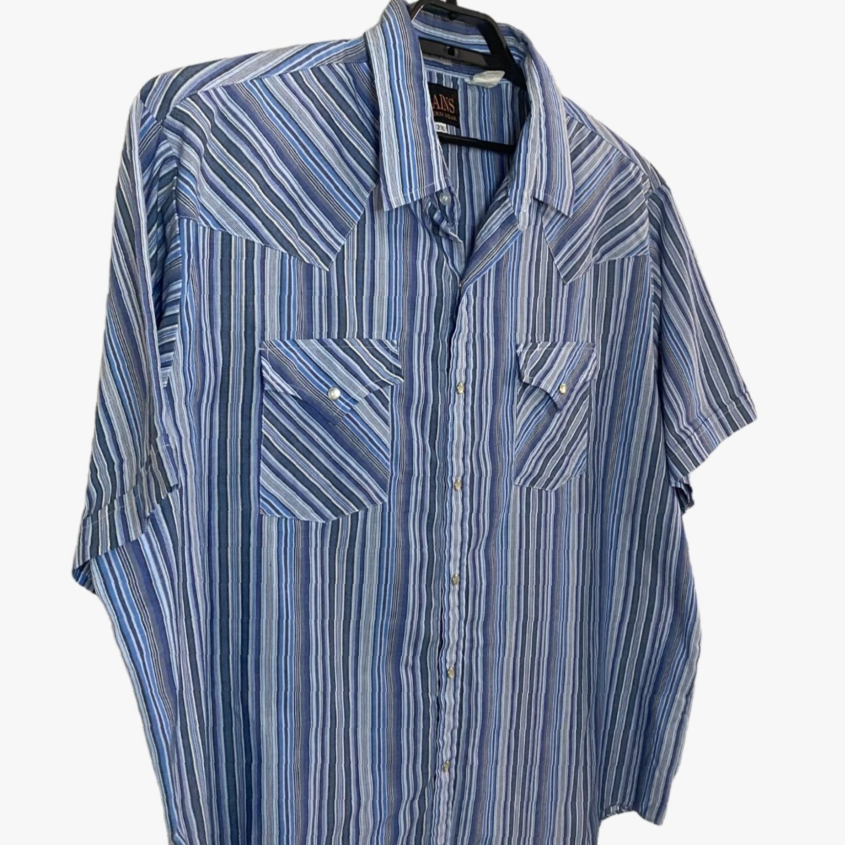 Vintage VINTAGE Plains Western Snap Button-Up Short-Sleeve Shirt Blue Multi-Stripe Men 2X Big & Tall Button-Up Shirt Size US XXL / EU 58 / 5 - 4 Thumbnail