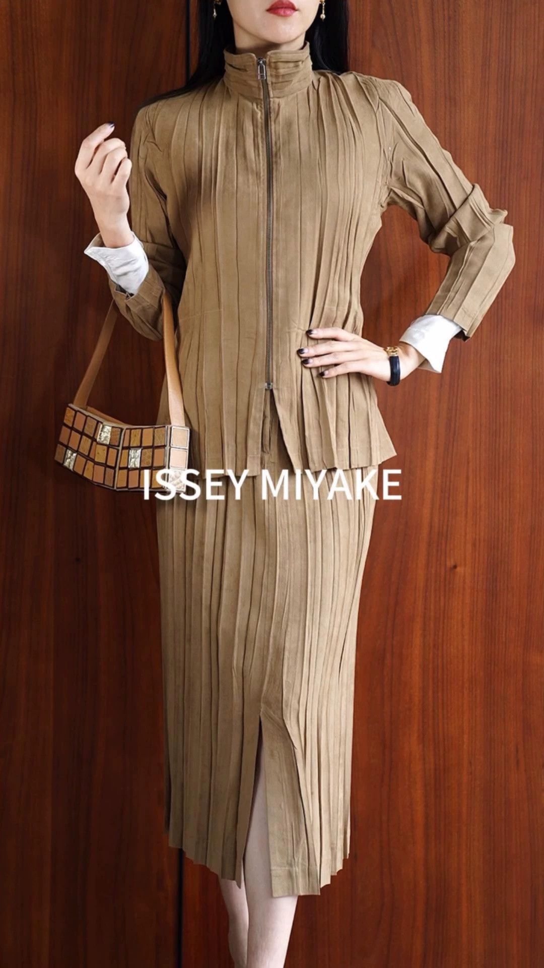 Issey Miyake Issey Miyake 90s Tan Pleated Faux Suede Jacket Skirt Set Size XS / US 0-2 / IT 36-38 - 1 Thumbnail