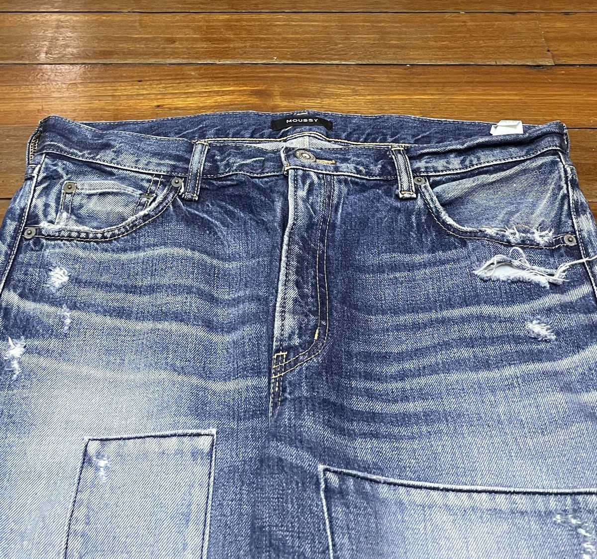 Japanese Brand × MOUSSY Very Rare Design Vintage Moussy Patchwork Ripped Jeans 1990s Size US 34 / EU 50 - 3 Thumbnail
