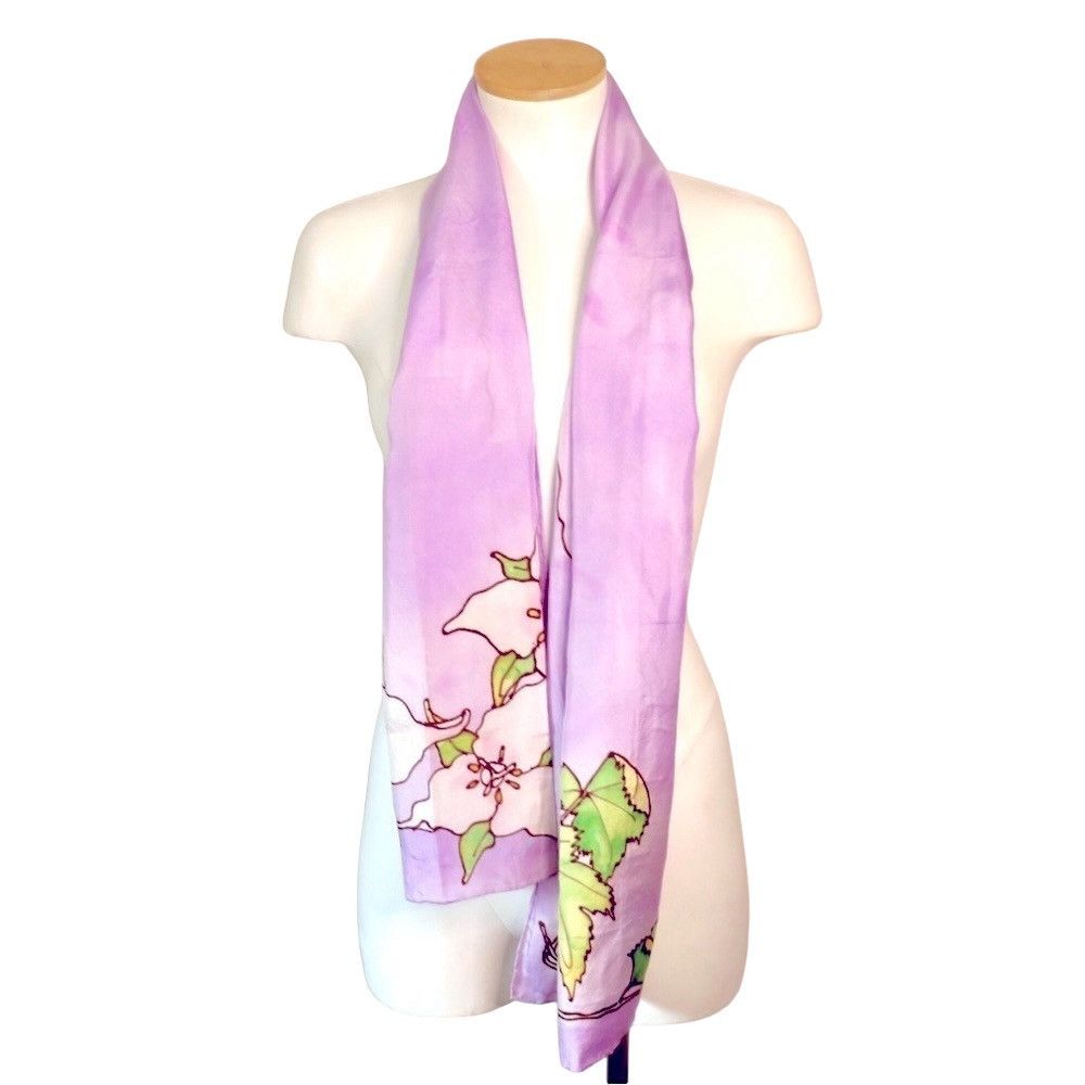 Handmade Vintage 90s Handcrafted Silk Scarf White Trillium 59x14 in Size ONE SIZE - 4 Thumbnail