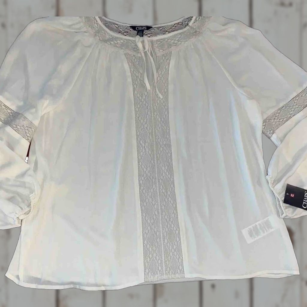 Chaps Chaps Blouse Women's Long Sleeve Keyhole Tie Neck Lace Accents Sheer Ivory Puff Sleeve Peasant Ribbon Tie V Neck Pull Over Top L Size L / US 10 / IT 46 - 1 Thumbnail