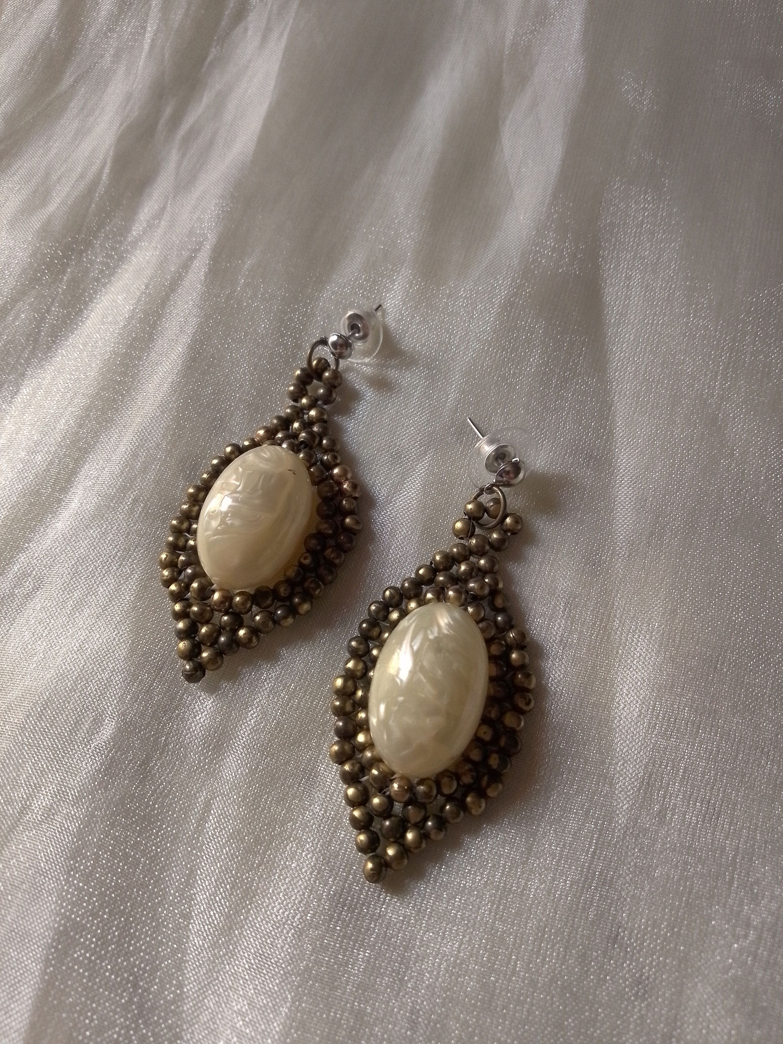 Handmade Earrings Vintage Elegant Antique Pearl and Brass Embroidered Size ONE SIZE - 1 Thumbnail