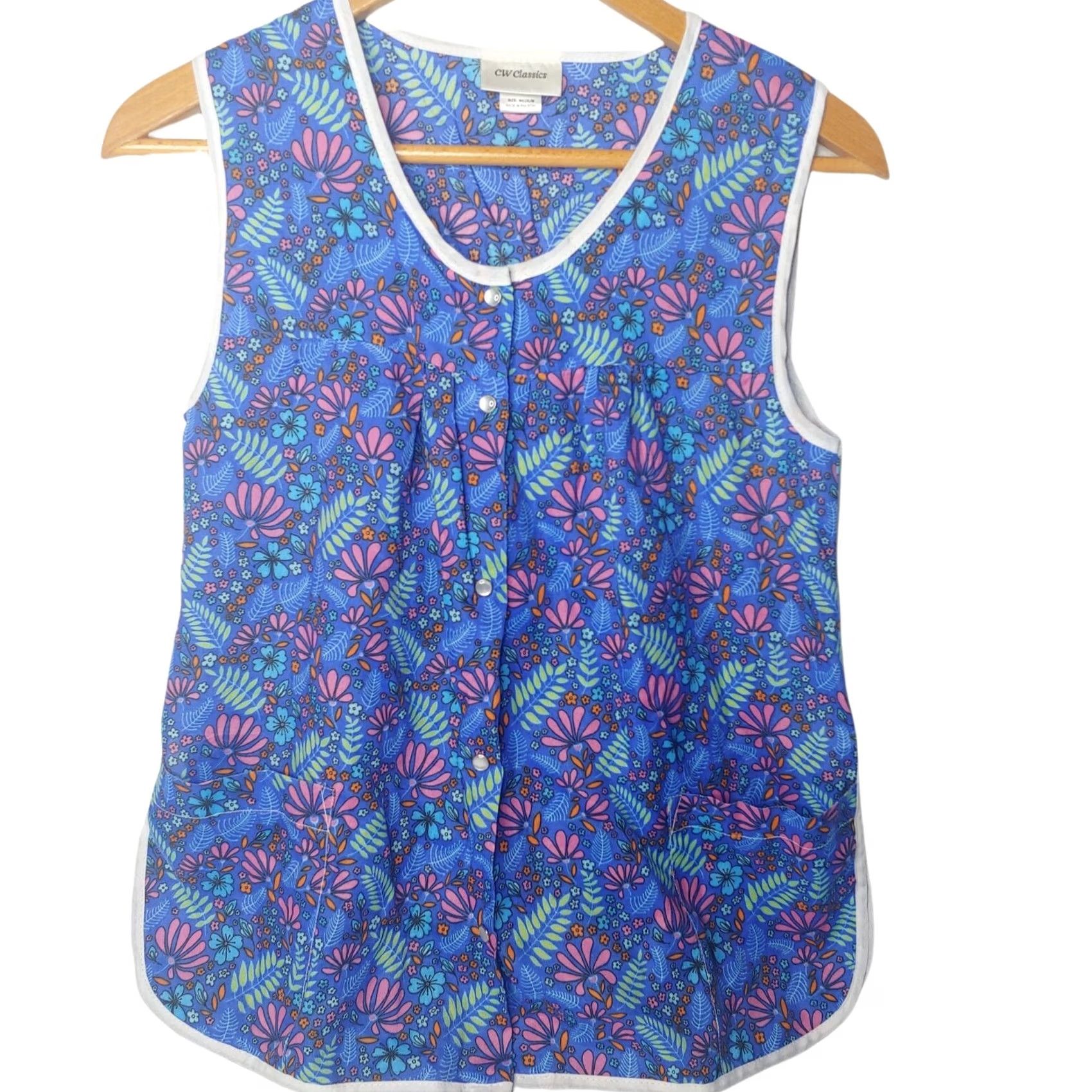 Vintage CW Classics Snap up smock Womens M Blue Women Pink Floral Sleeveless Pearl Workwear Size M / US 6-8 / IT 42-44 - 2 Thumbnail