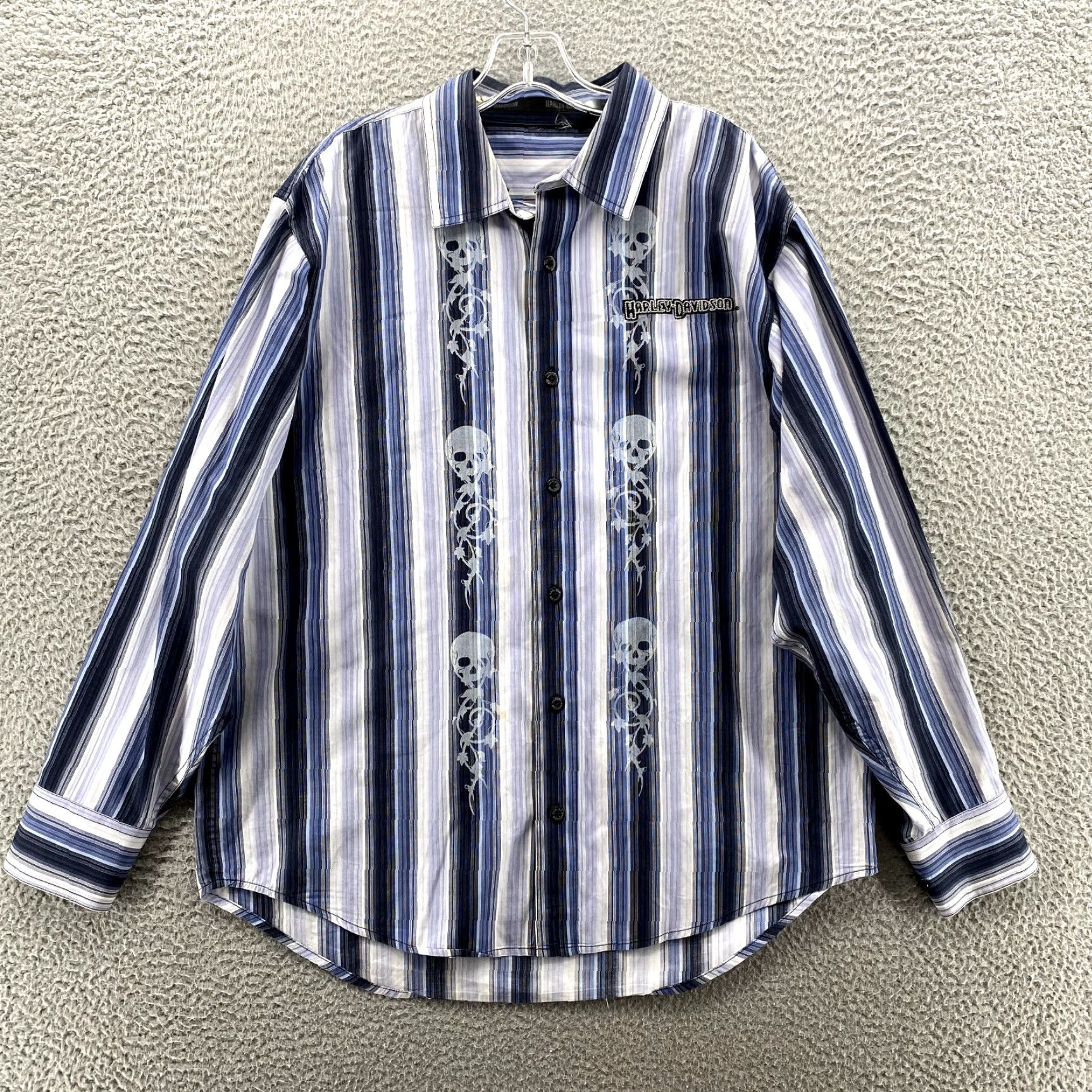 Harley Davidson Harley-Davidson Shirt Men Large Blue Striped Skull Moto Biker Rocker Grunge 90's Shirt Men Large Blue Striped Skull Moto Biker Roc Size US L / EU 52-54 / 3 - 2 Thumbnail