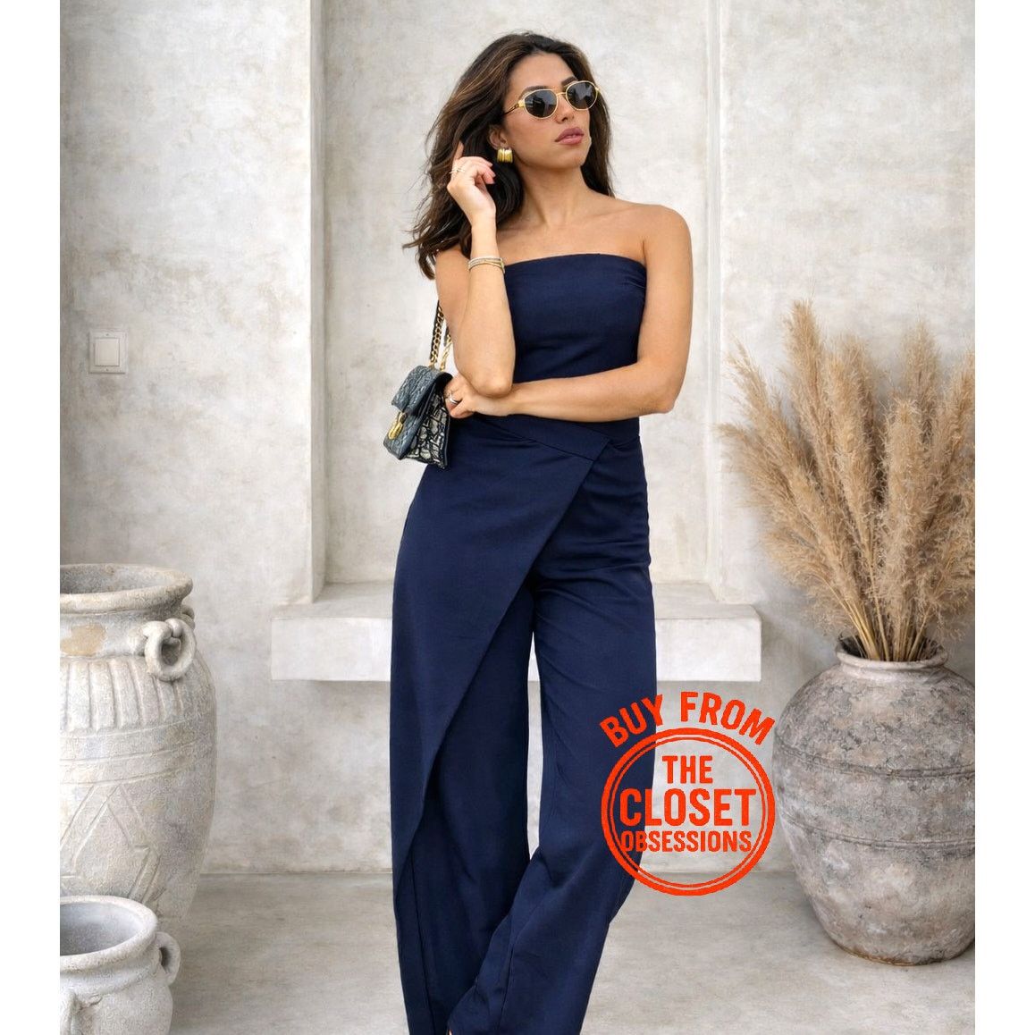 Zara ZARA Navy Strapless Wide Leg Jumpsuit Elegant Palazzo NWT Size 32" / US 10 / IT 46 - 9 Thumbnail