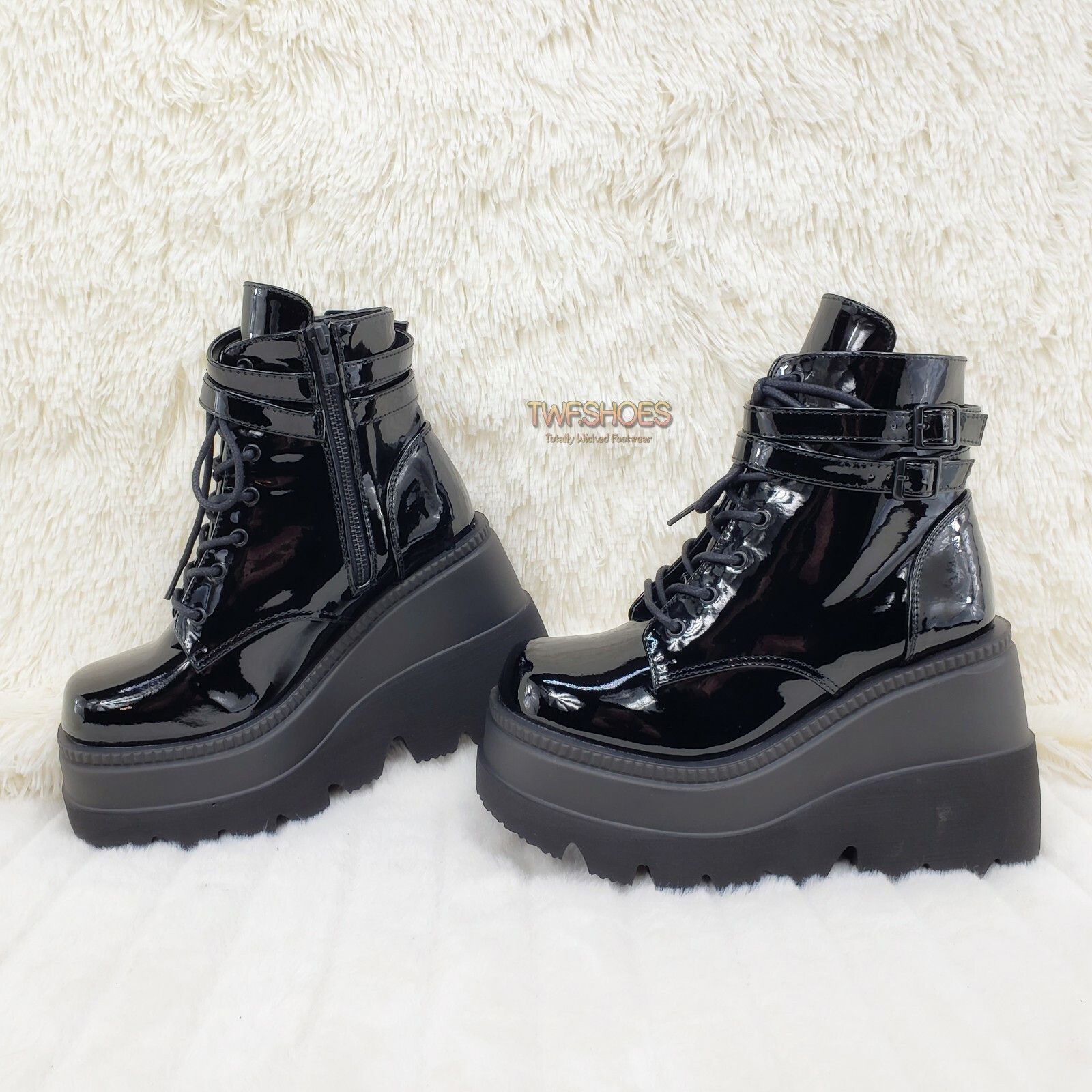 Demonia Cult DEMONIA Shaker 52 Black Patent Platform 4.5" Wedge Heel Ankl Size US 6 / IT 36 - 9 Thumbnail