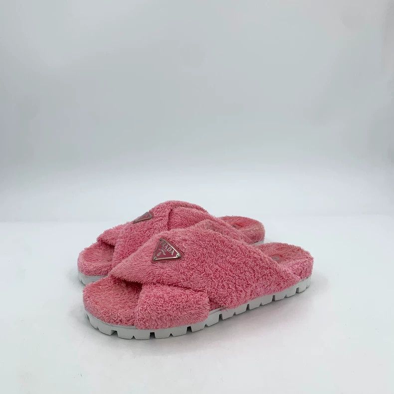 Prada Prada Pink triangle cross-plush casual flat slippers Size US 7 / IT 37 - 1 Thumbnail