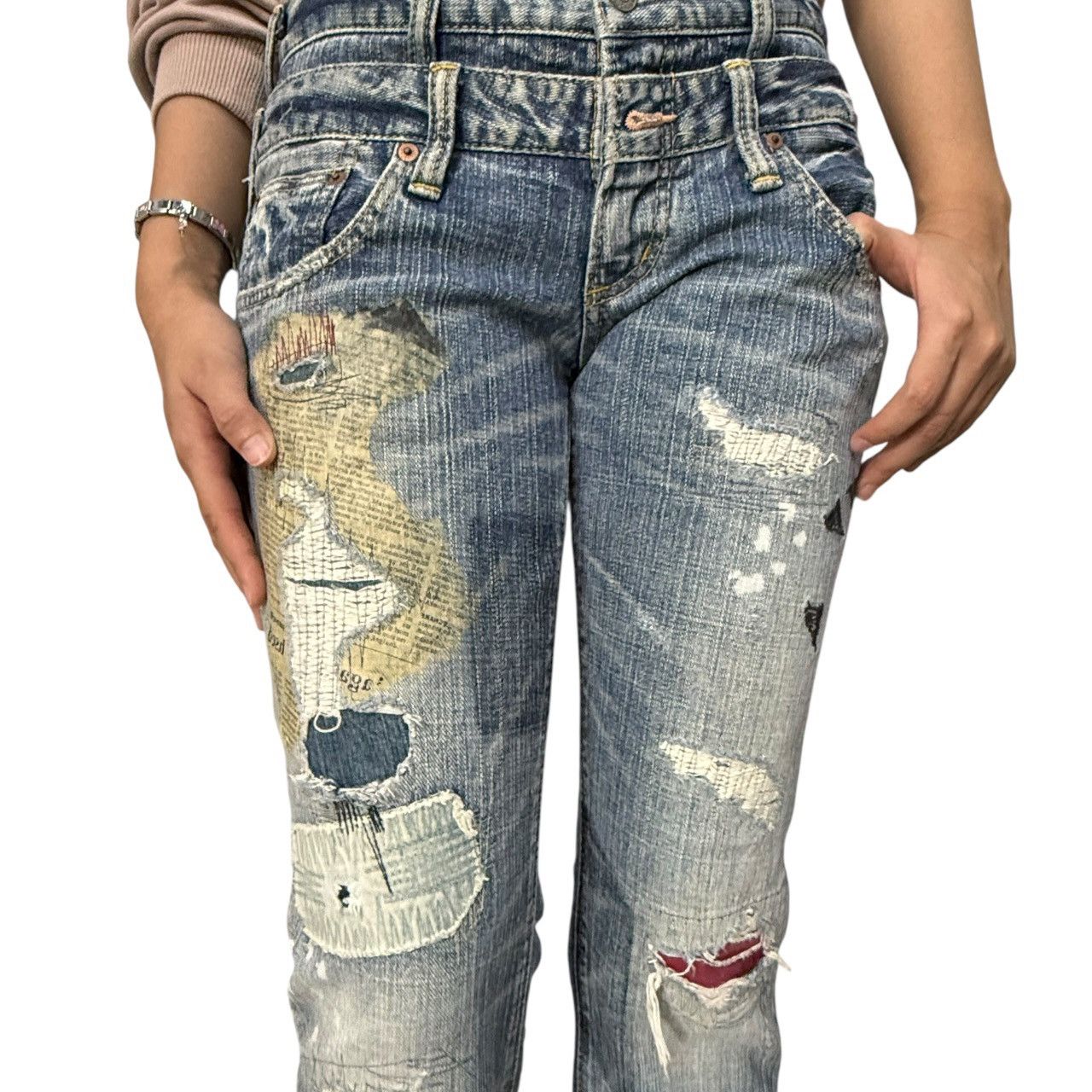 Japanese Brand 2000s Antgauge Japan Double Waist Newspaper Boro Jeans Size US 29 - 16 Thumbnail