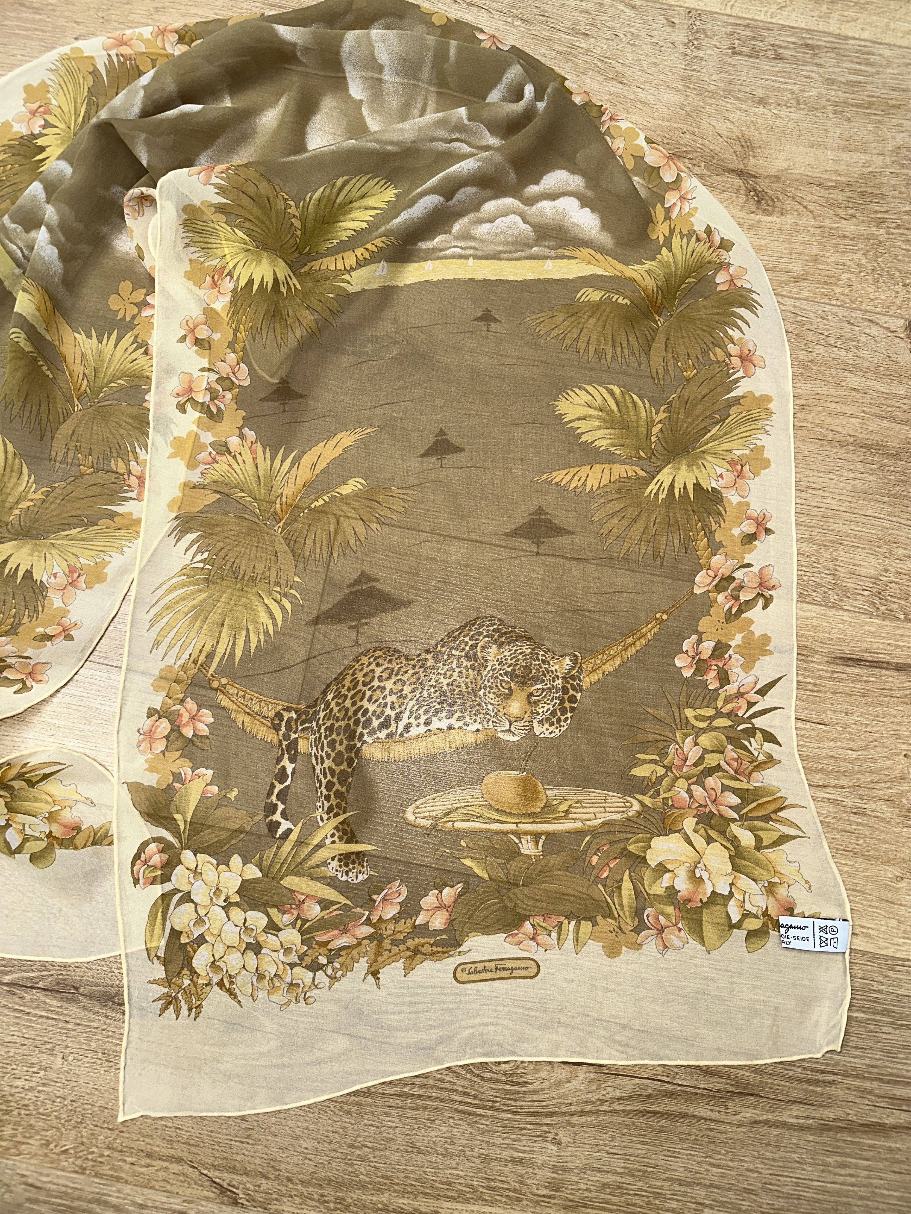 Salvatore Ferragamo Salvatore Ferragamo Leopard Tropical Resort 100% Silk Scarf Size ONE SIZE - 11 Thumbnail