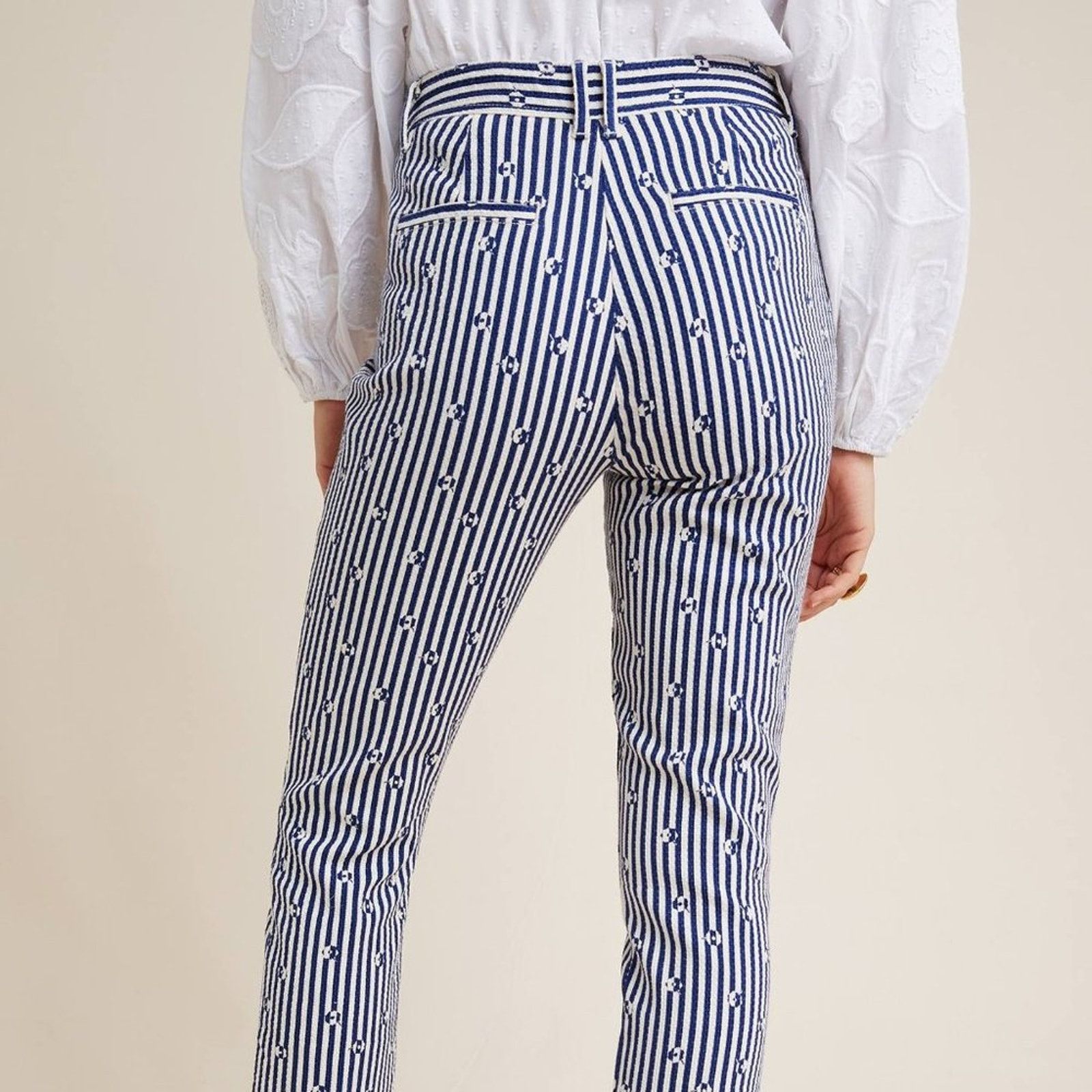 Anthropologie Anthropologie Blue & White Slim Trousers with Embroidery Size 27" / US 4 / IT 40 - 4 Thumbnail