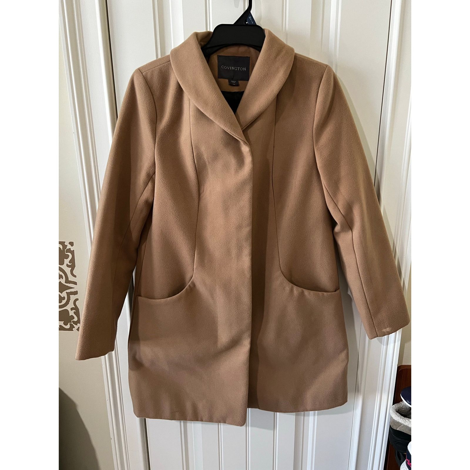 Covington Cocoon Long Tan Pea Coat Tweed Zip-up Jacket Pockets Medium Size M / US 6-8 / IT 42-44 - 3 Thumbnail