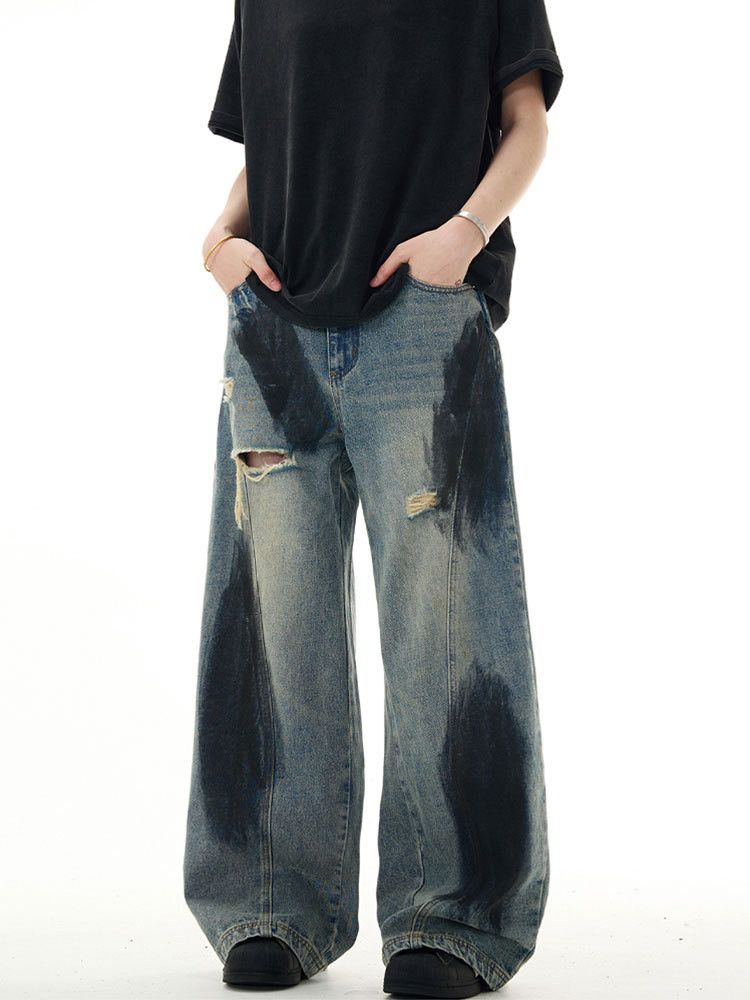 Japanese Brand × Jean Washed distressed ink-splashed loose wide-leg ripped jeans Size US 32 / EU 48 - 4 Thumbnail