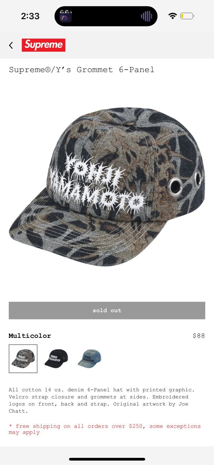 Supreme Y’s Grommet 6-Panel Supreme Y's Grommet 6-Panel (FW25) - $88