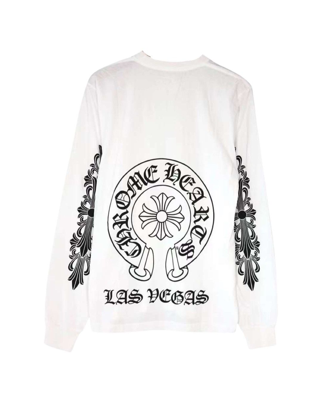 image of Chrome Hearts Las Vegas Horseshoe Floral Cross Sleeve Long Sleeve Tee in White, Men's (Size XL)