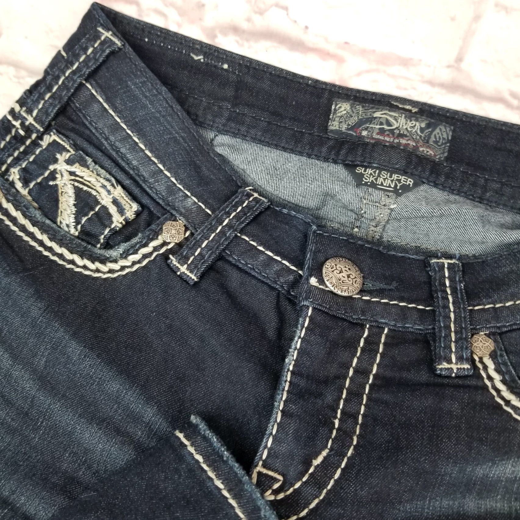 Silver Jeans Co. VINTAGE Silver Jeans Junior Teens 27 x 30 Suki Super Skinny Dark Wash Denim Embroilered Size 27" / US 4 / IT 40 - 4 Thumbnail