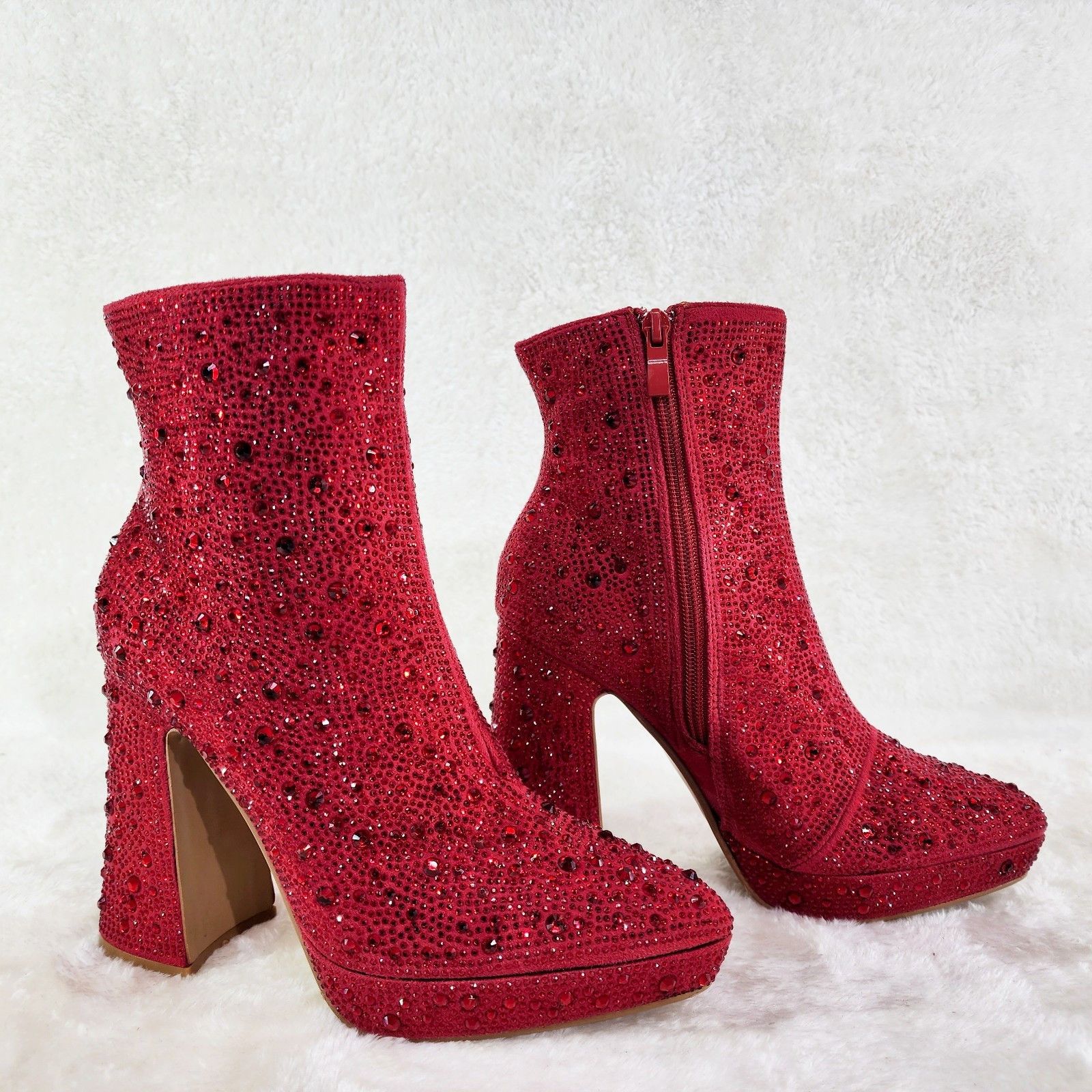 Other Red Rhinestone 4.5" Block Heel Platform Ankle Boots Size US 7 / IT 37 - 5 Thumbnail