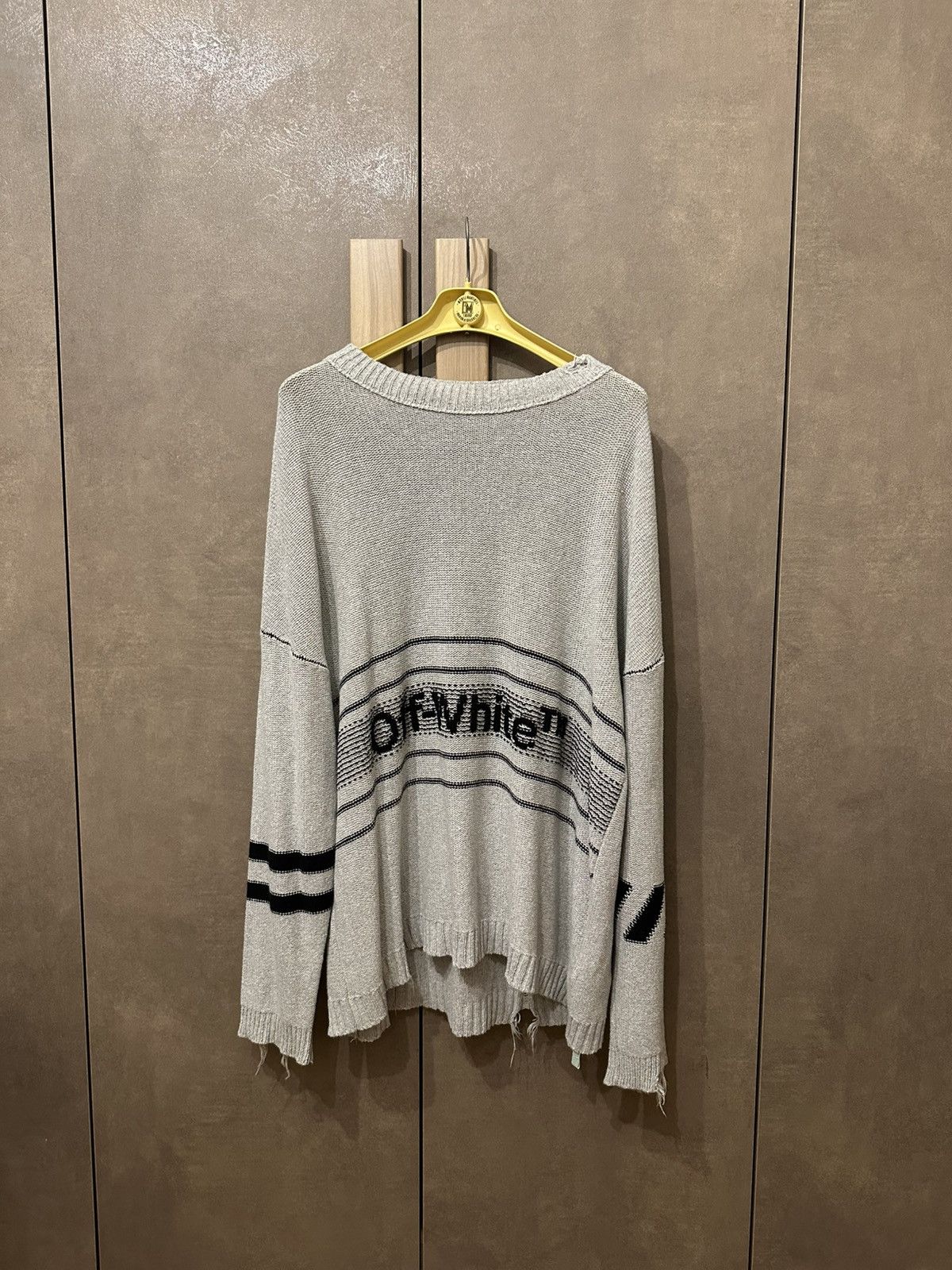 Off-White Off-White Distressed Logo Intarsia Wool Sweater Grey Size M Size US M / EU 48-50 / 2 - 2 Thumbnail