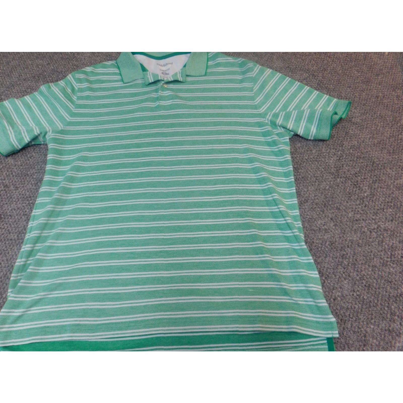 Vintage Saddlebred Polo Shirt Mens L Green Striped Regular Fit Short Sleeve Knit Buttoned Collar Golf Size US L / EU 52-54 / 3 - 2 Thumbnail
