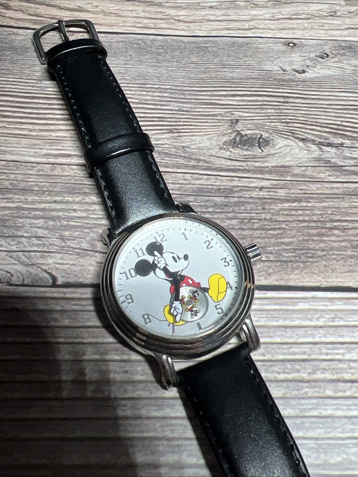 Disney Mickey Mouse Moving Dial Arms Genuine Black Leather Watch Size ONE SIZE - 5 Thumbnail
