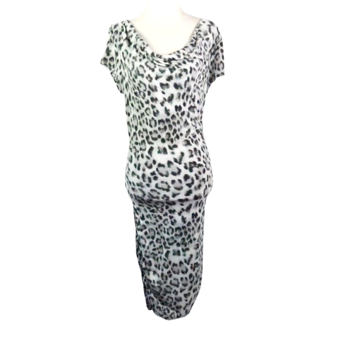 Vintage VINTAGE 90s INC International Concepts Grey Leopard Bodycon Midi Dress M Women Short Sleeve Cowl Neck Pattern Animal Print Party/Cocktail Workwear Size M / US 6-8 / IT 42-44 - 2 Thumbnail