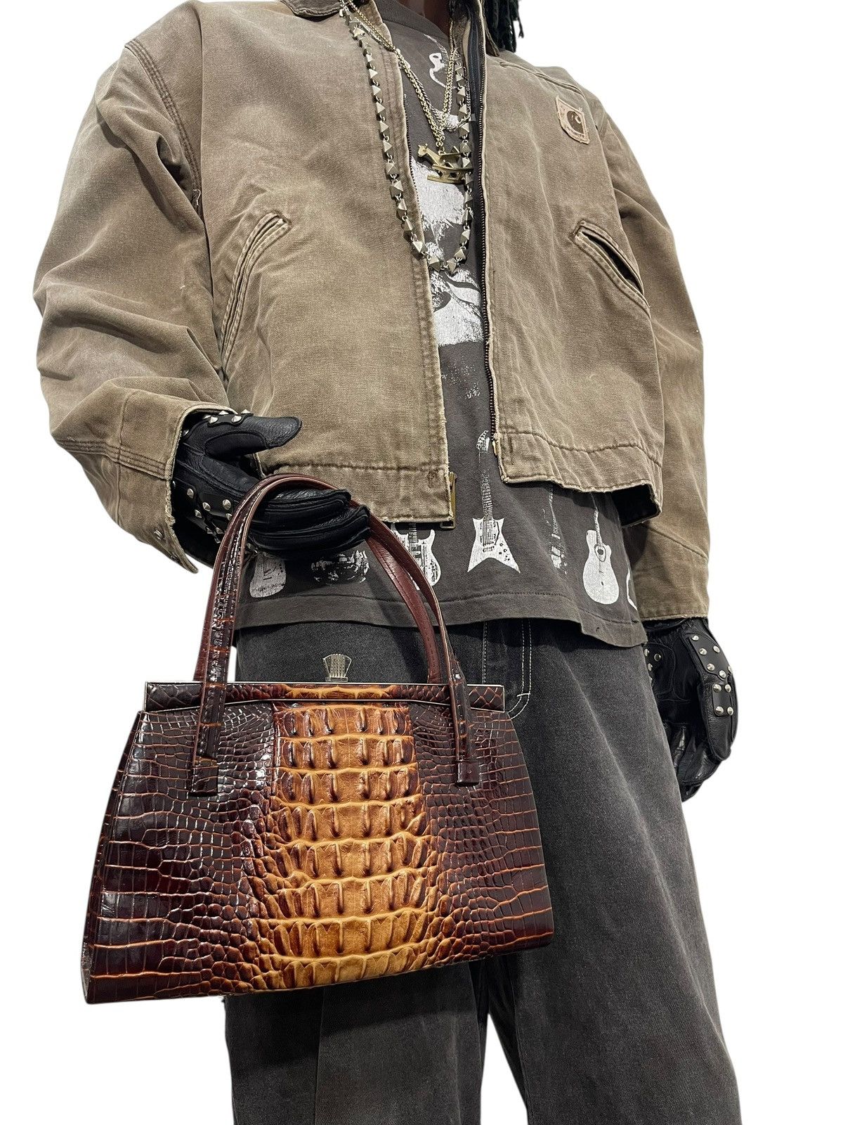 Genuine Leather Crocodile Skin Leather Vtg 60s Kawano Japan Hand Bag 8🟩 Size ONE SIZE - 2 Thumbnail