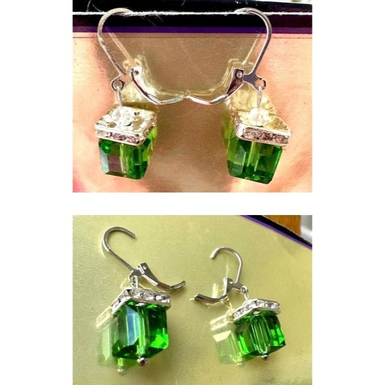 Designer × Handmade Light Emerald Earrings New Square Cube Rhinestones Wedding B Size ONE SIZE - 10 Thumbnail
