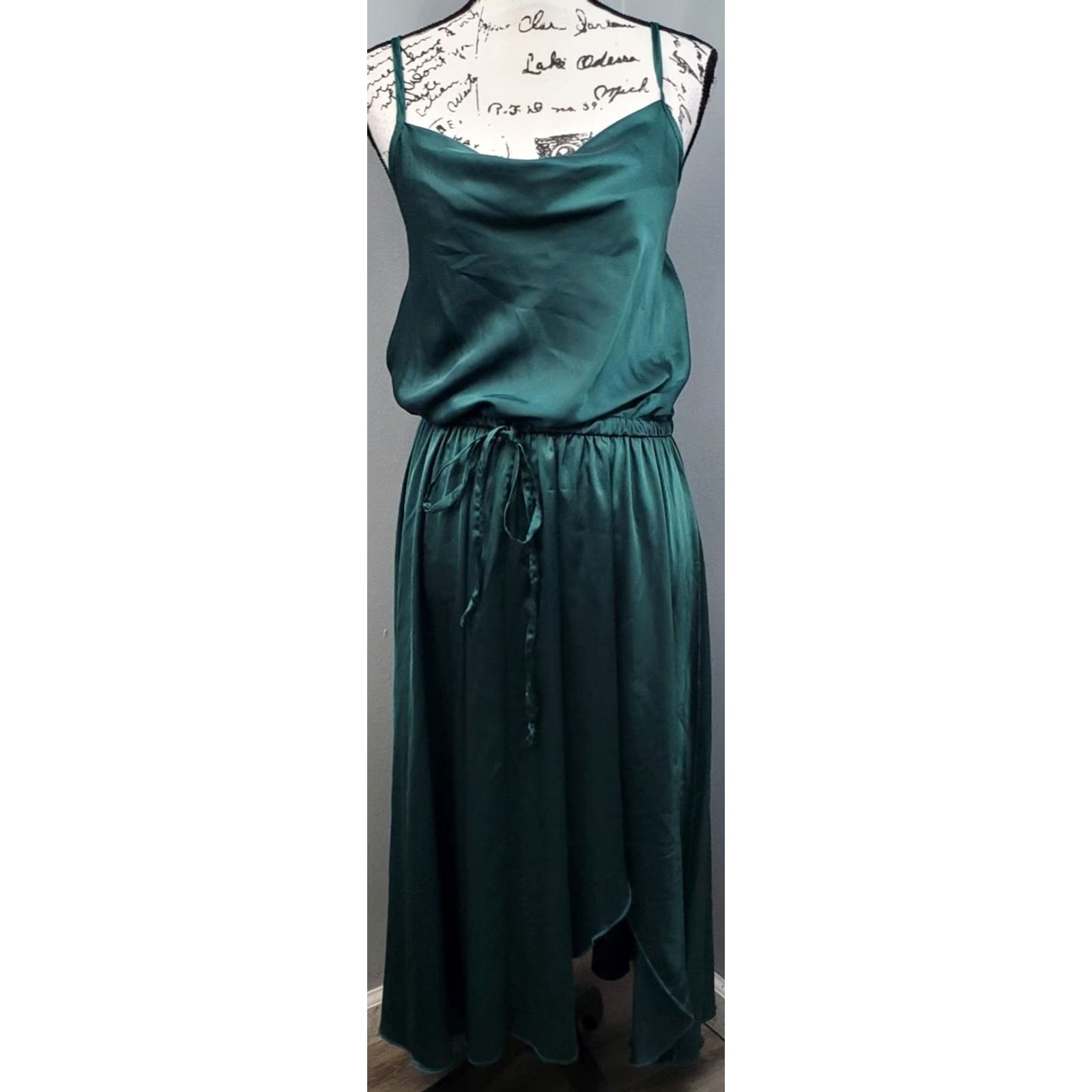 Vintage Messy Fun Maxi Dress Womens Size S Green Satin Drawstring Waist Adjustable Strap - Sleeveless, Party/Cocktail, 51 Length, Chest 15 Size S / US 4 / IT 40 - 2 Thumbnail