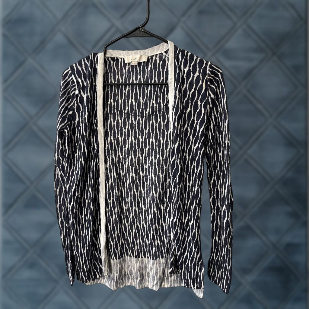 Loft LOFT Cardigan Sweater Women's Small Multicolor Ramie Knit Open Preppy Geometric Line Striped Casual Size S / US 4 / IT 40 - 1 Thumbnail